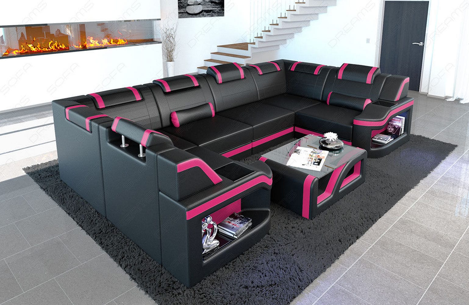 Mini Leder Wohnlandschaft Padua U-Form Schwarz-Pink