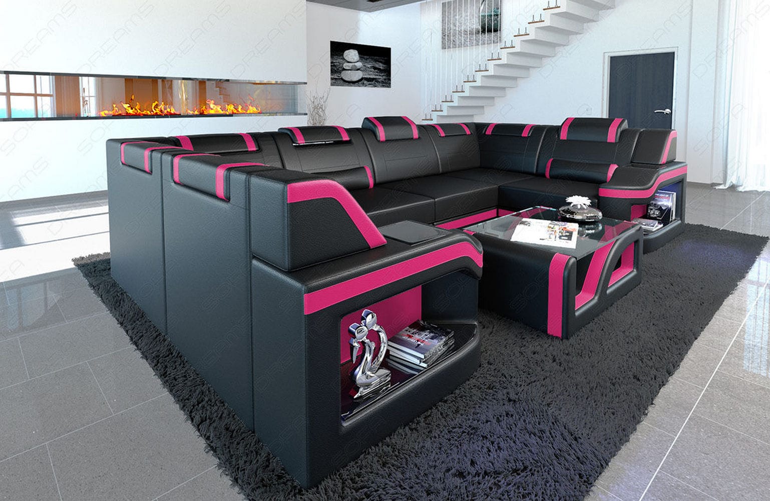 Mini Leder Wohnlandschaft Padua U-Form Schwarz-Pink