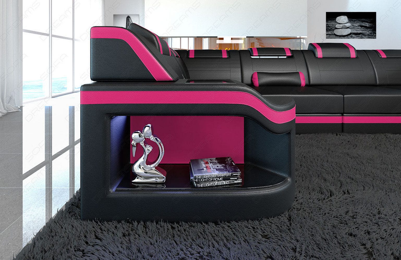 Mini Leder Wohnlandschaft Padua U-Form Schwarz-Pink