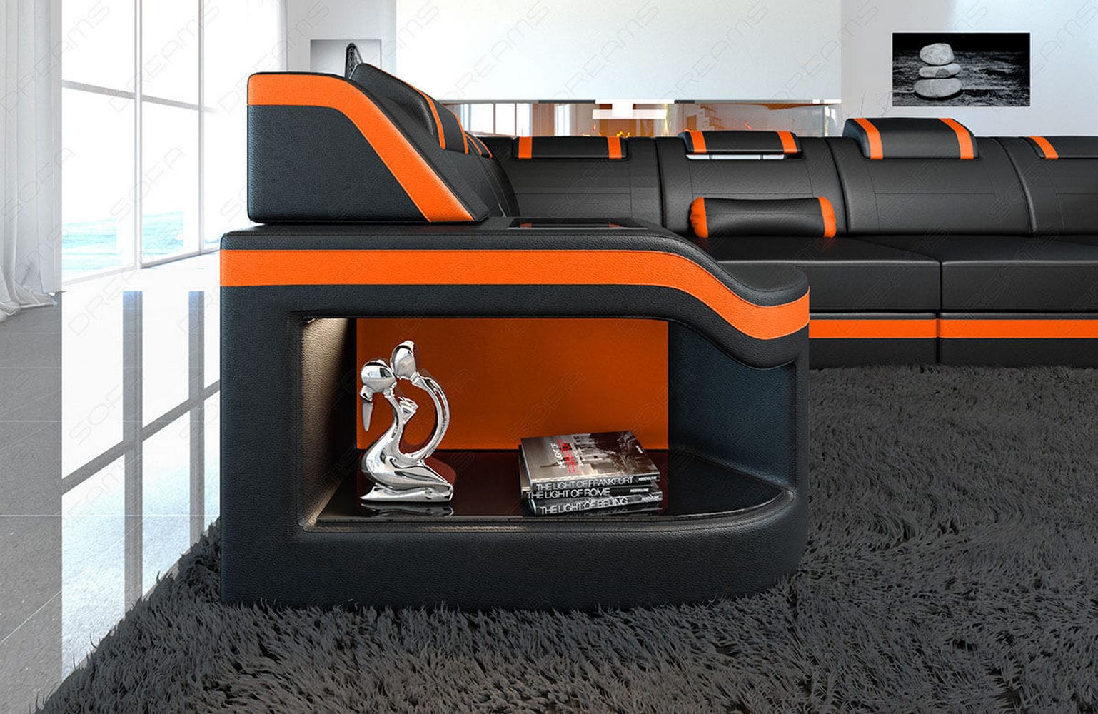 Leder Wohnlandschaft Padua U – Elegantes Sofa schwarz-orange