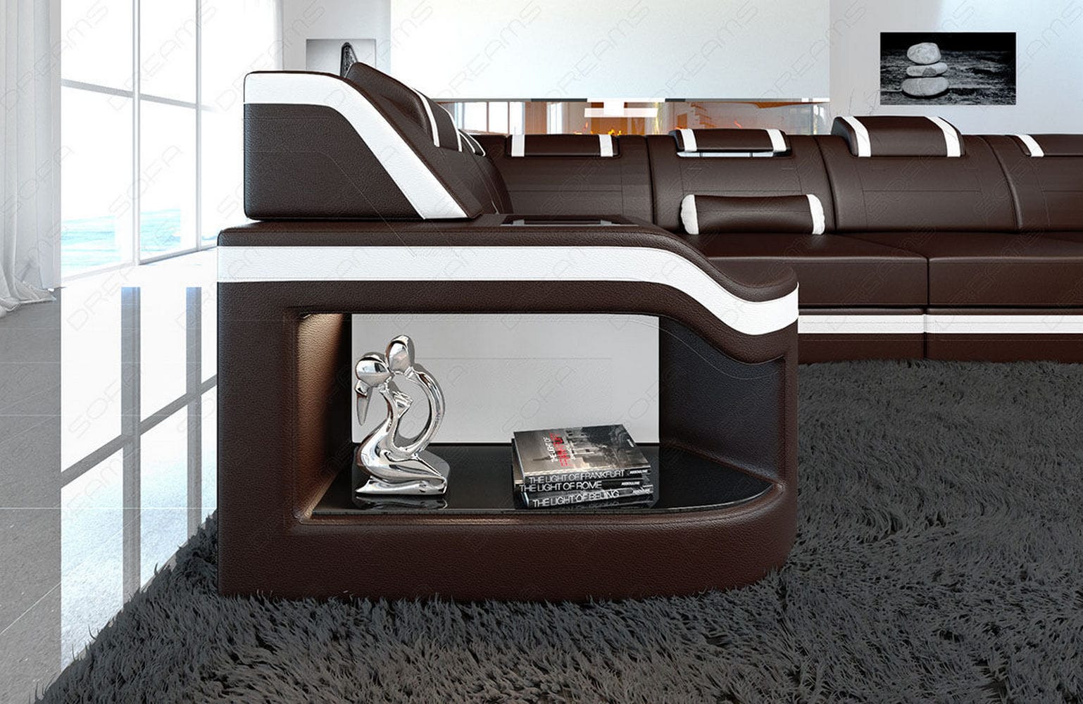 Leder Wohnlandschaft Padua U – Elegantes Sofa dunkelbraun-weiß