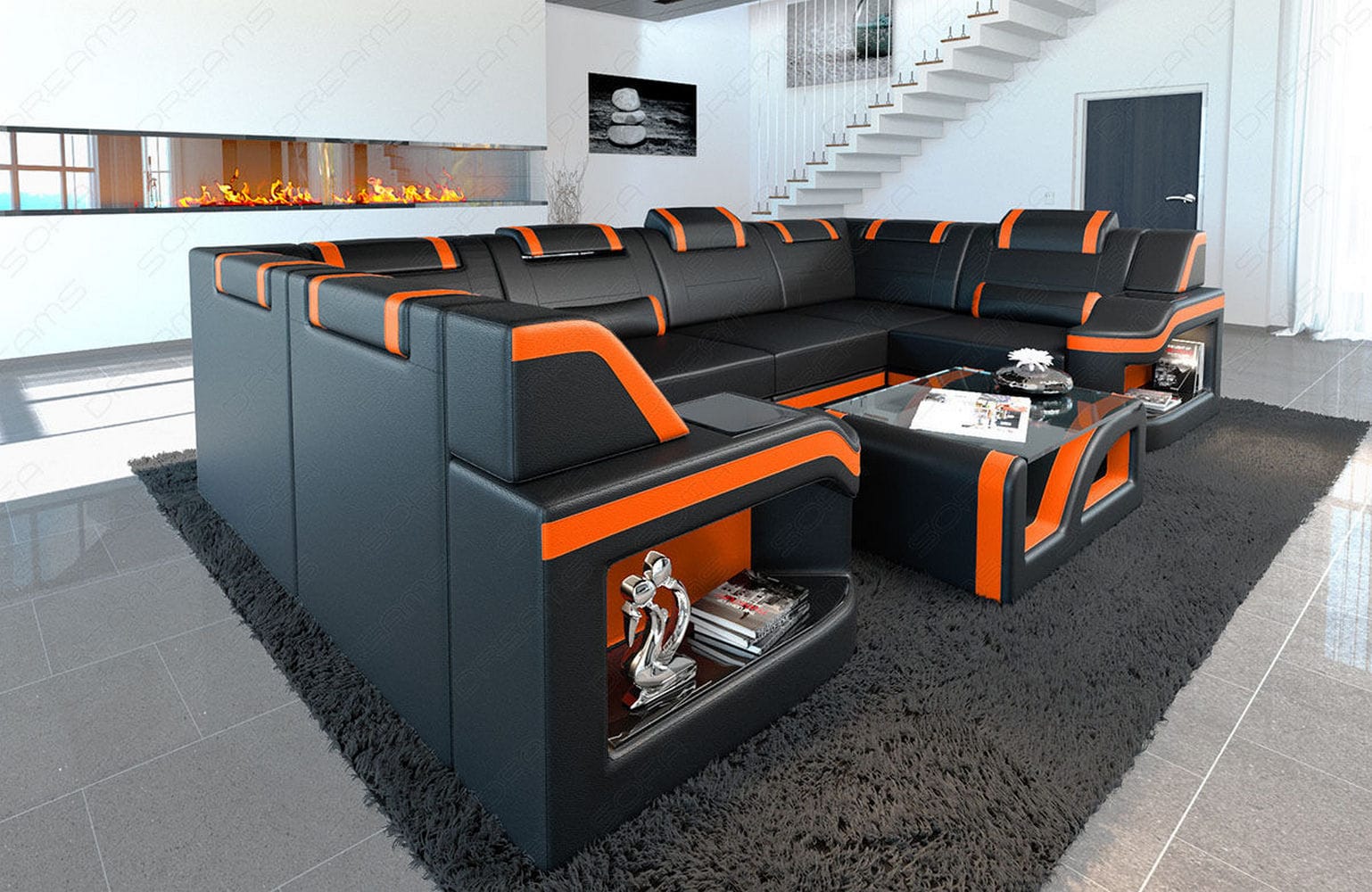 Leder Wohnlandschaft Padua U – Elegantes Sofa schwarz-orange