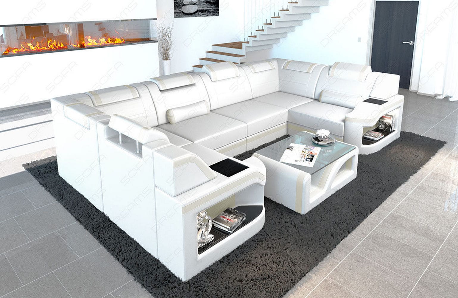 Leder Wohnlandschaft Padua U – Elegantes Sofa weiß-beige