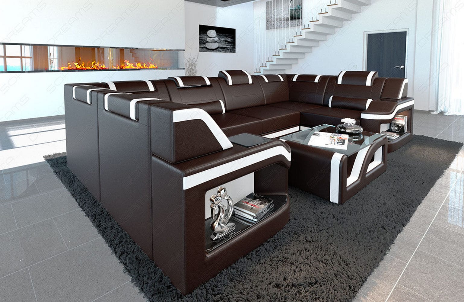Leder Wohnlandschaft Padua U – Elegantes Sofa dunkelbraun-weiß