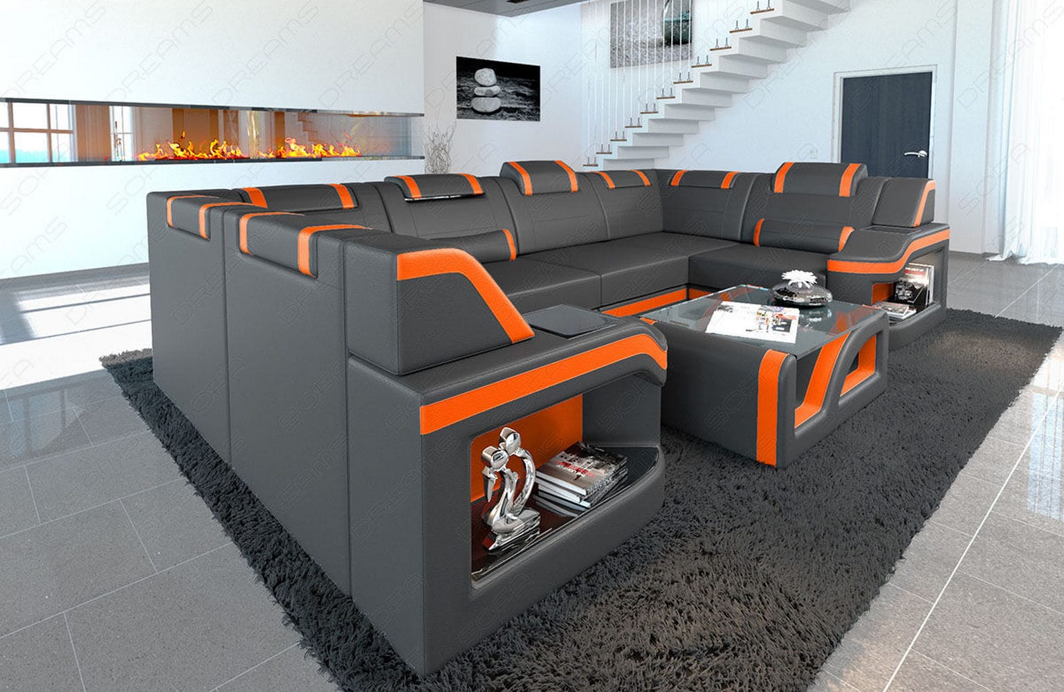 Leder Wohnlandschaft Padua U – Elegantes Sofa grau-orange