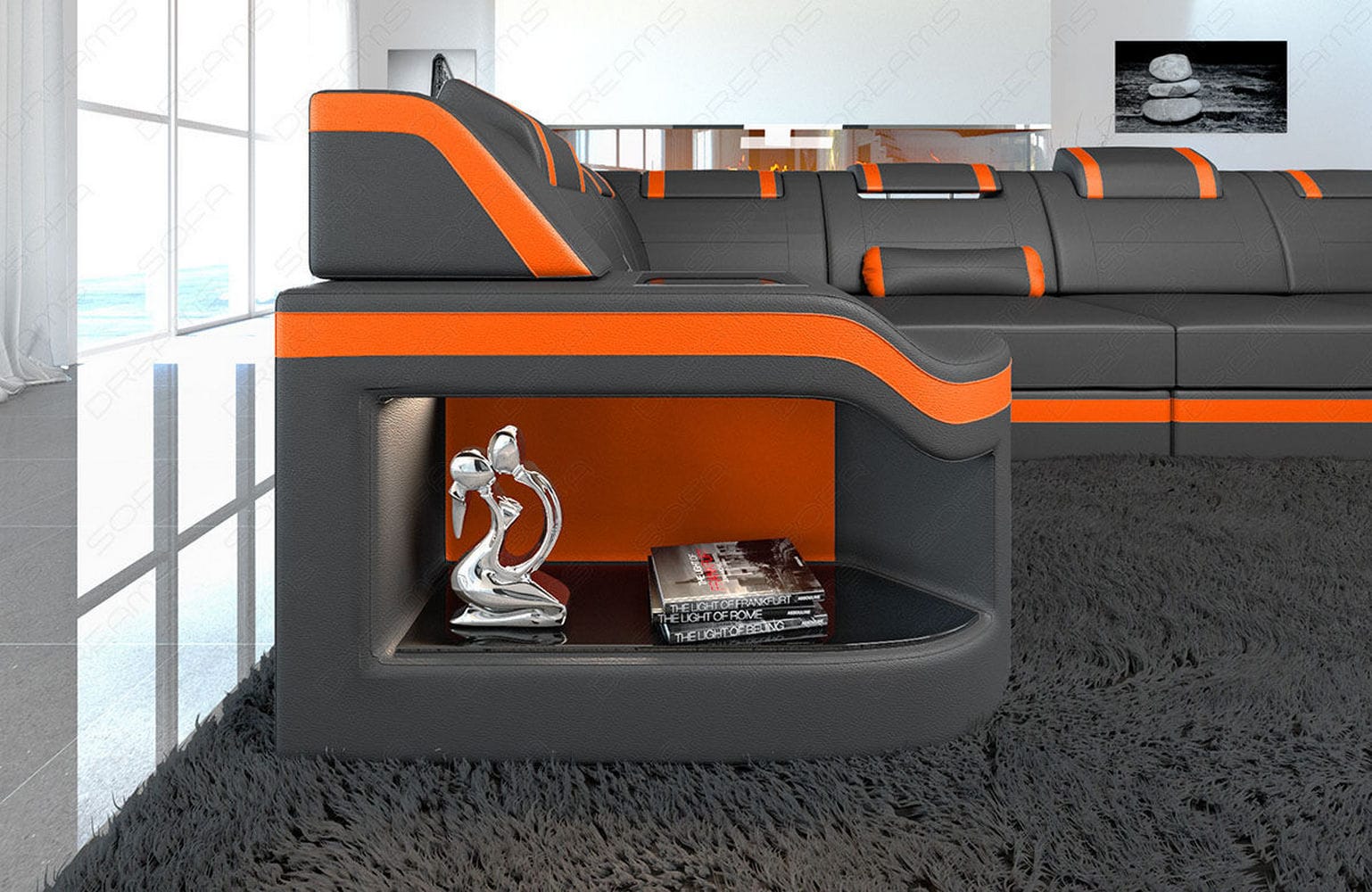 Leder Wohnlandschaft Padua U – Elegantes Sofa grau-orange