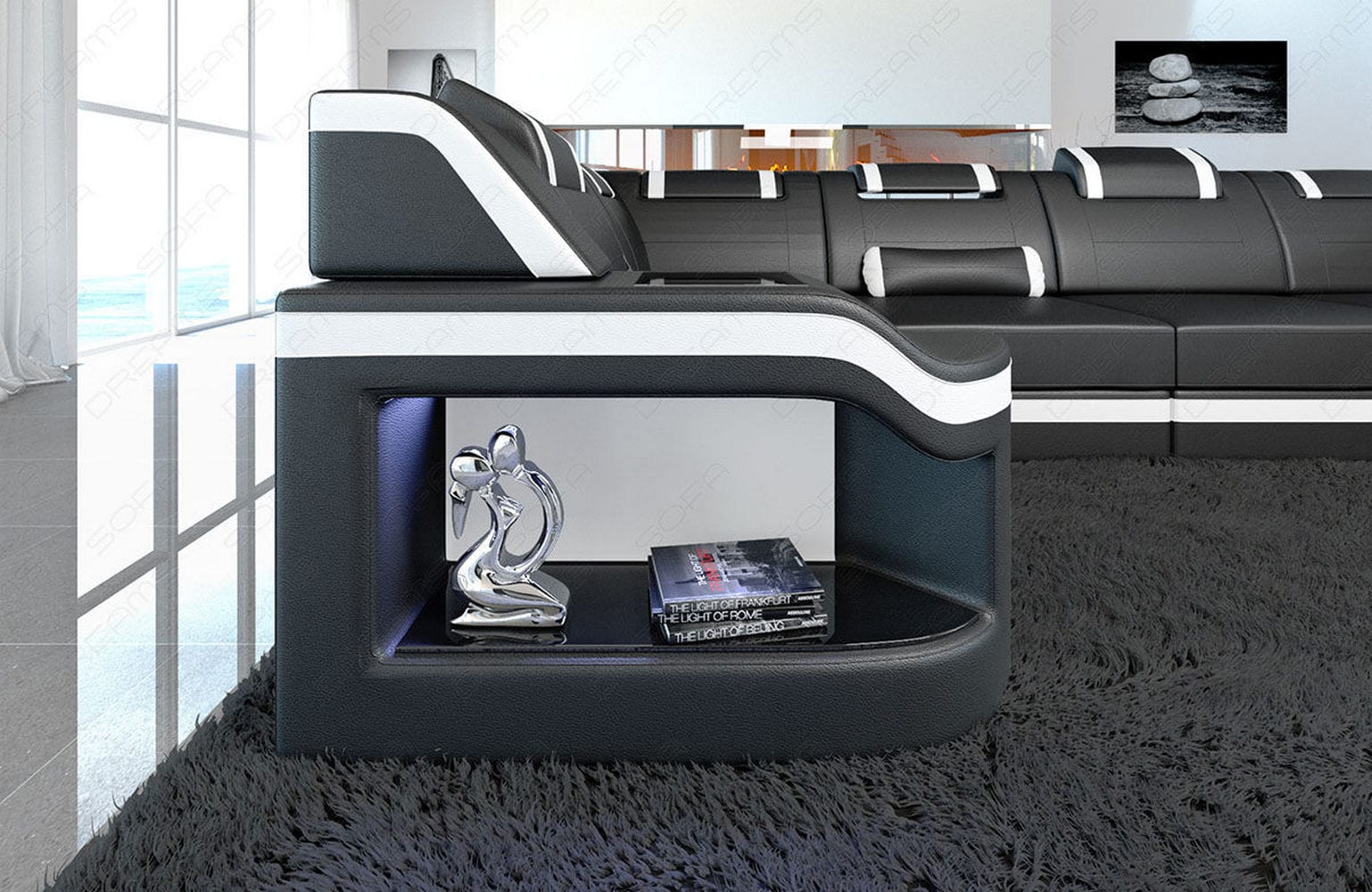 Leder Wohnlandschaft Padua U – Elegantes Sofa schwarz-weiß
