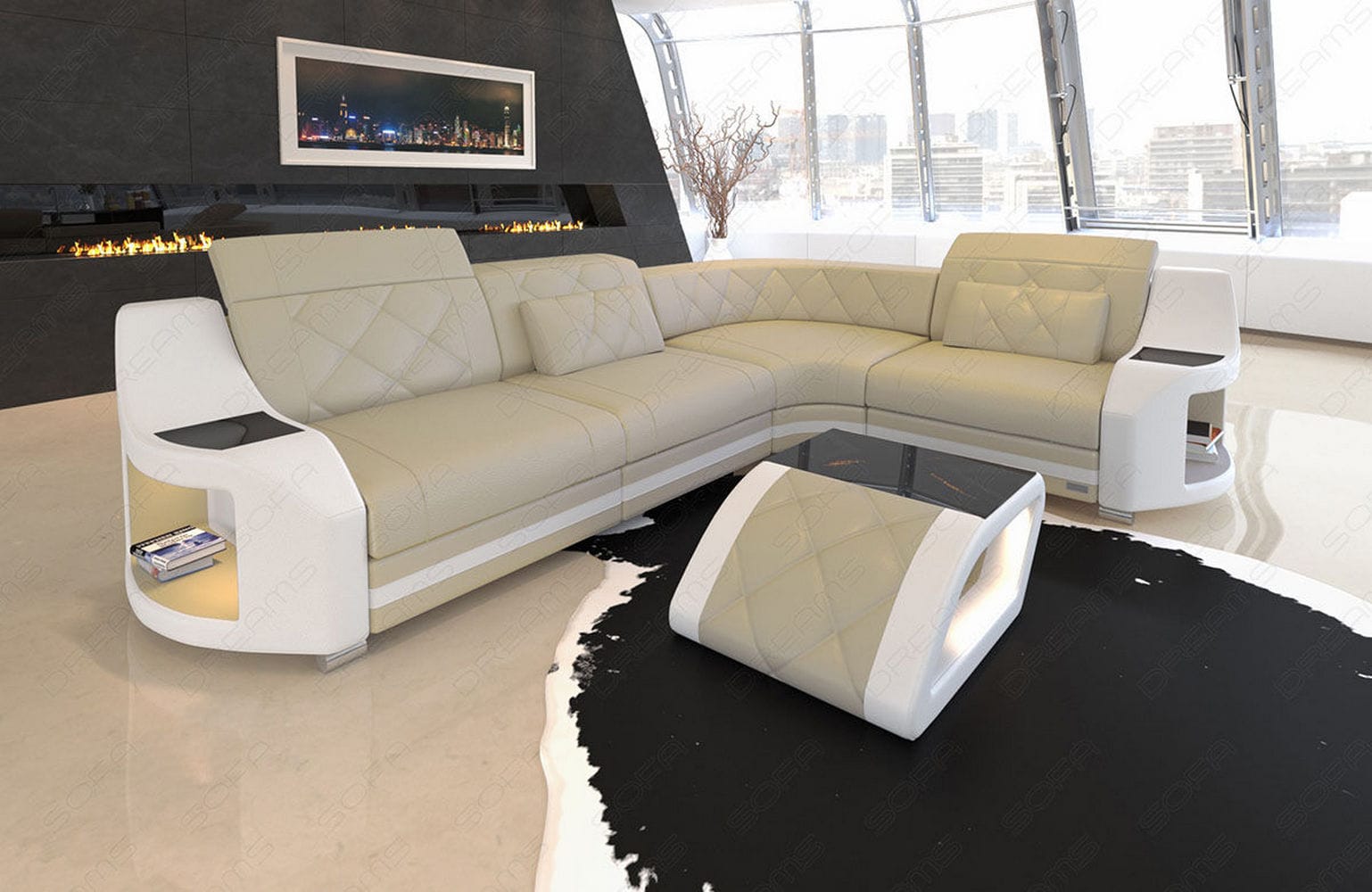 Mini Leder Ecksofa Genua – Stilvoll und Komfortabel Beige-Weiß