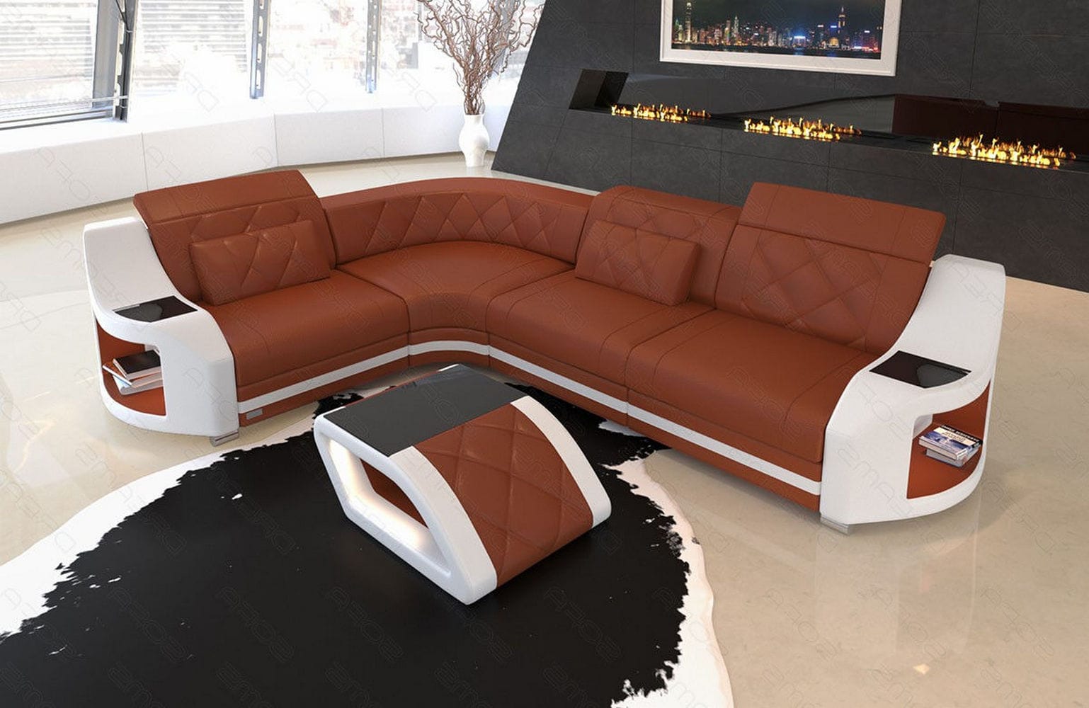 Mini Leder Ecksofa Genua – Stilvoll und Komfortabel Hellbraun-Weiß