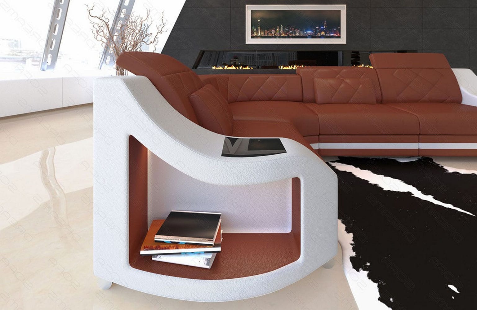 Mini Leder Ecksofa Genua – Stilvoll und Komfortabel Hellbraun-Weiß
