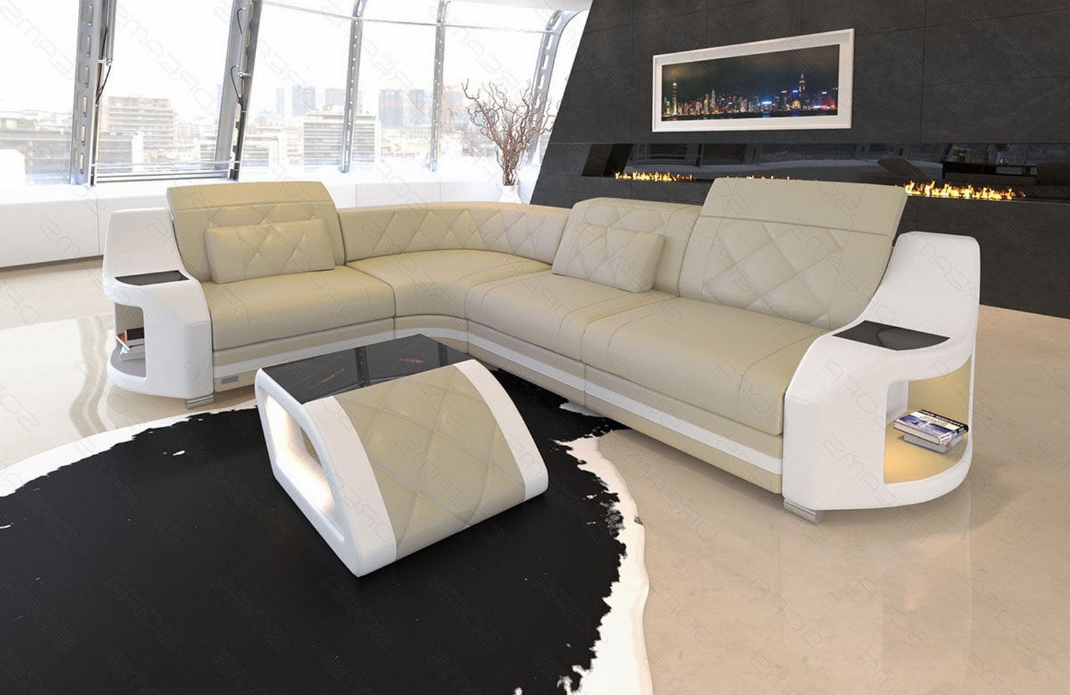 Mini Leder Ecksofa Genua – Stilvoll und Komfortabel Beige-Weiß