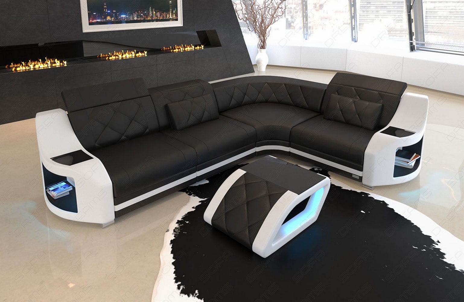 Mini Leder Ecksofa Genua – Stilvoll und Komfortabel Schwarz-Weiß