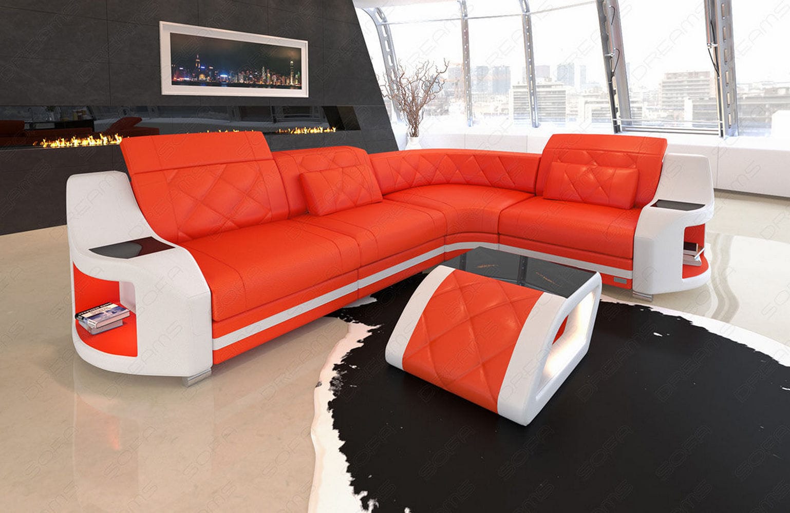 Leder Ecksofa Genua – Komfort und Stil orange-weiß