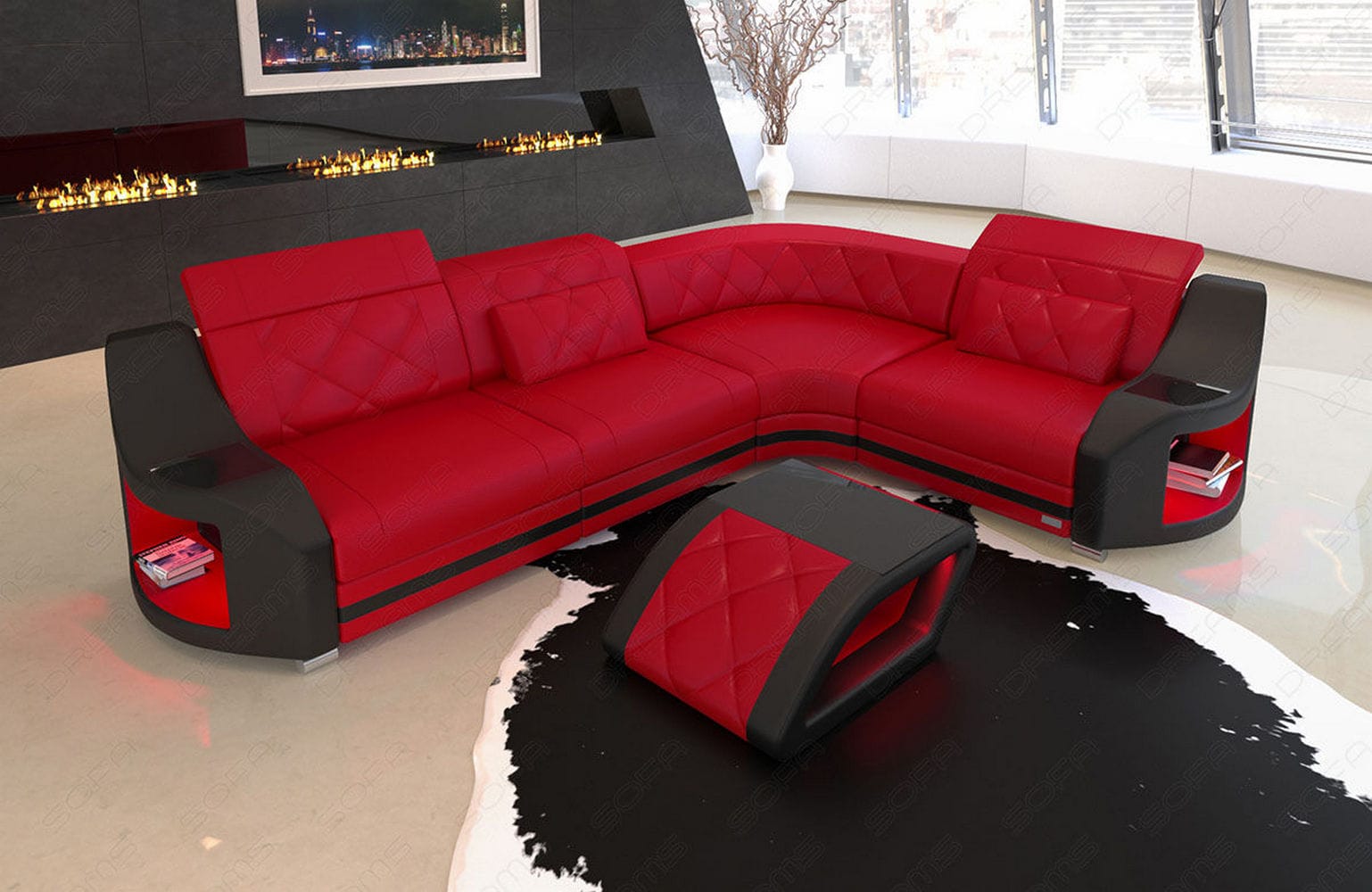 Leder Ecksofa Genua – Komfort und Stil rot-schwarz