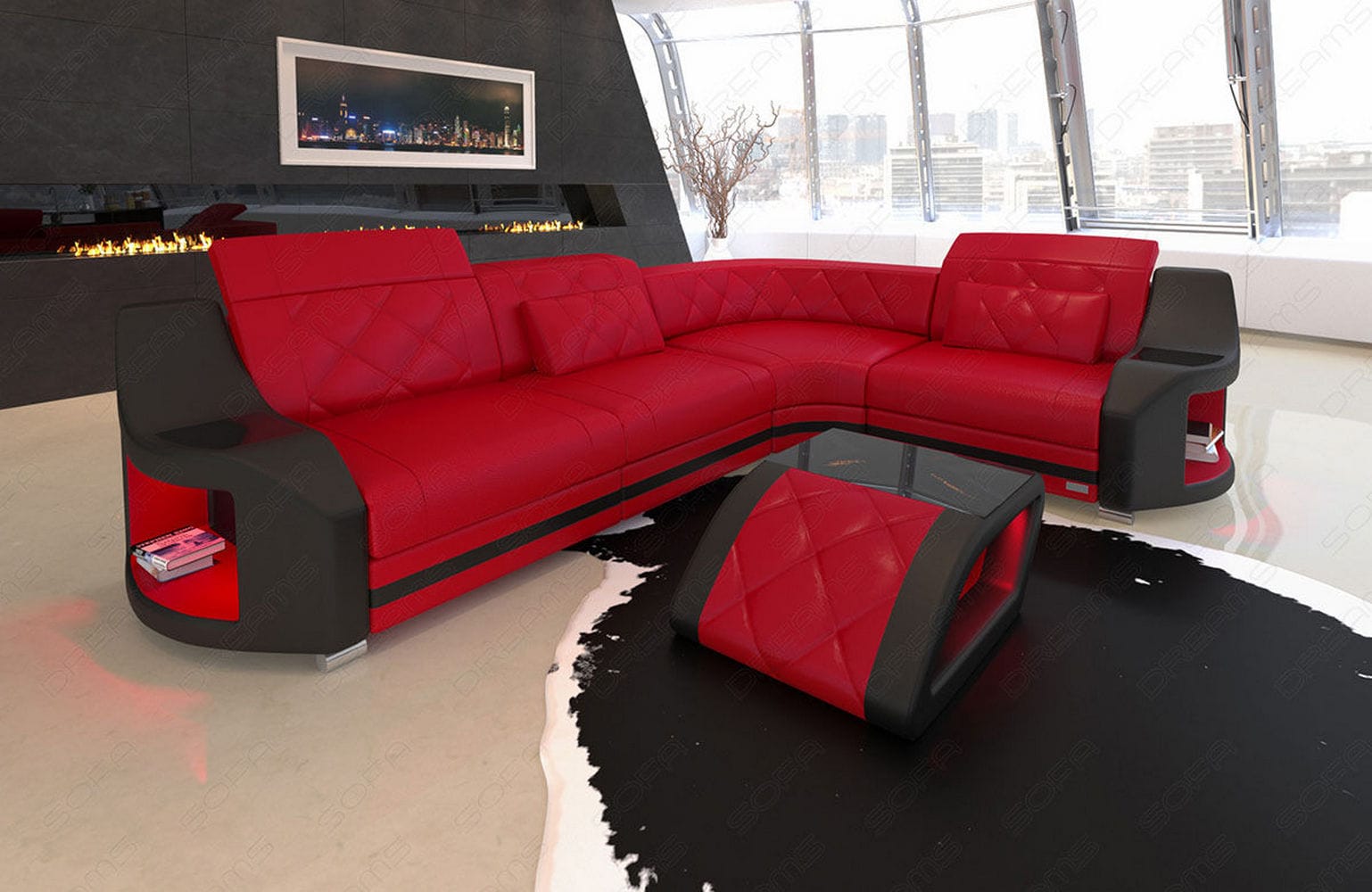 Leder Ecksofa Genua – Komfort und Stil rot-schwarz