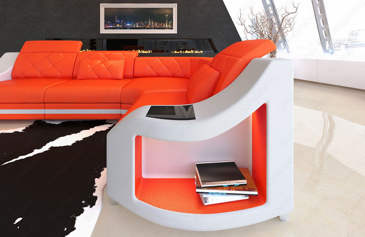 Leder Ecksofa Genua – Komfort und Stil orange-weiß