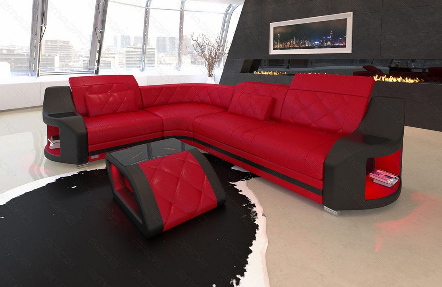 Leder Ecksofa Genua – Komfort und Stil rot-schwarz