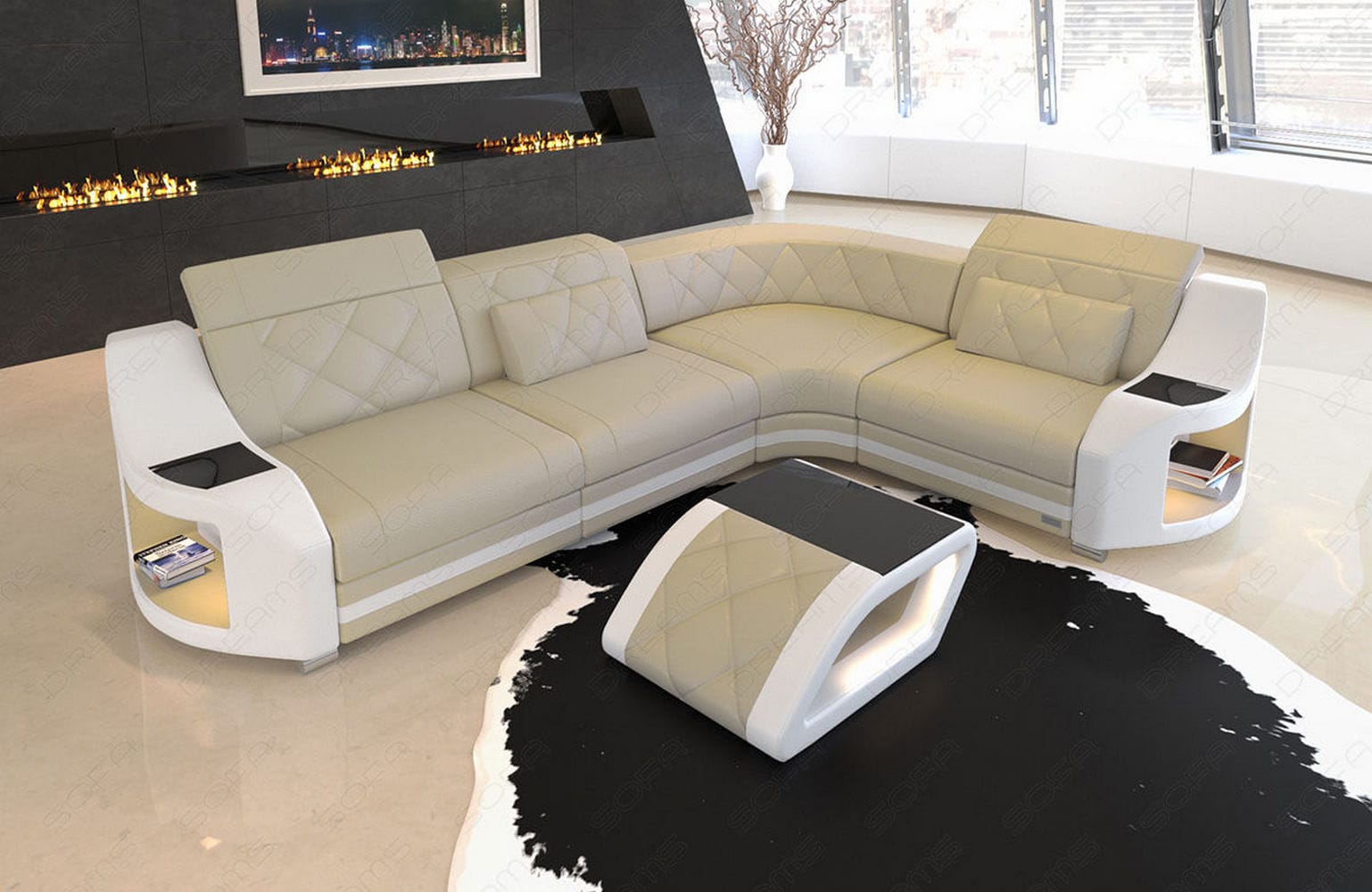 Leder Ecksofa Genua – Komfort und Stil beige-weiß