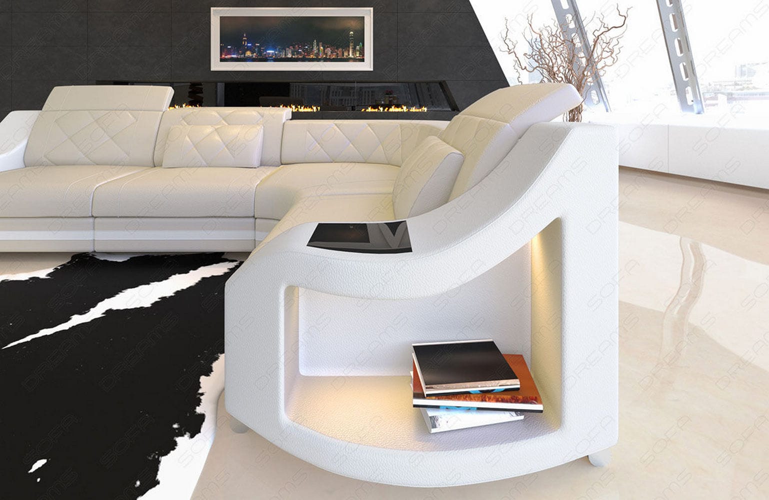 Leder Ecksofa Genua – Komfort und Stil beige-weiß