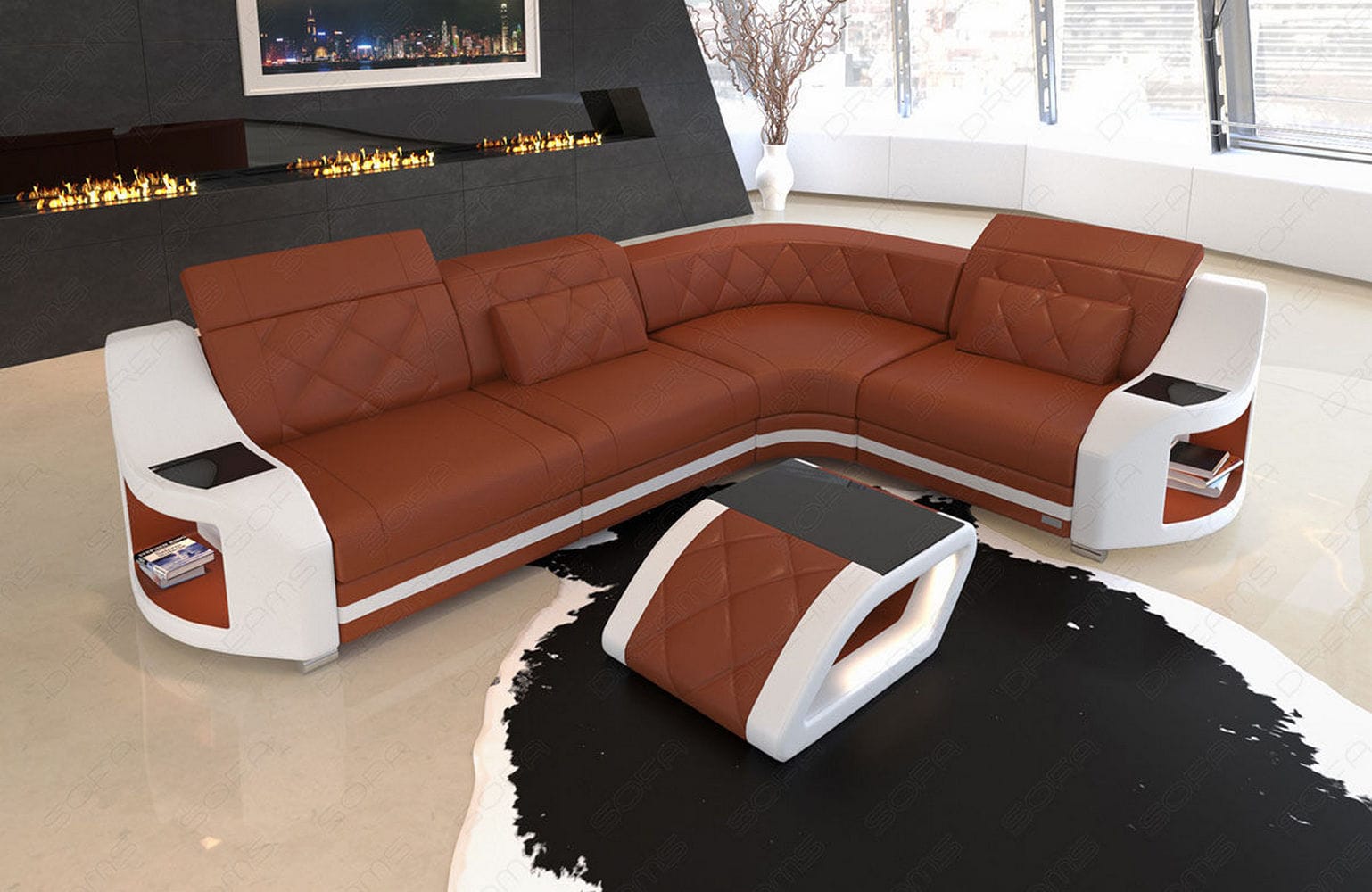Leder Ecksofa Genua – Komfort und Stil hellbraun-weiß