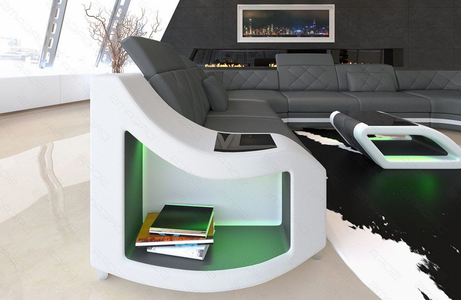 Mini Sofa Genua U-Form aus Leder grau-weiß