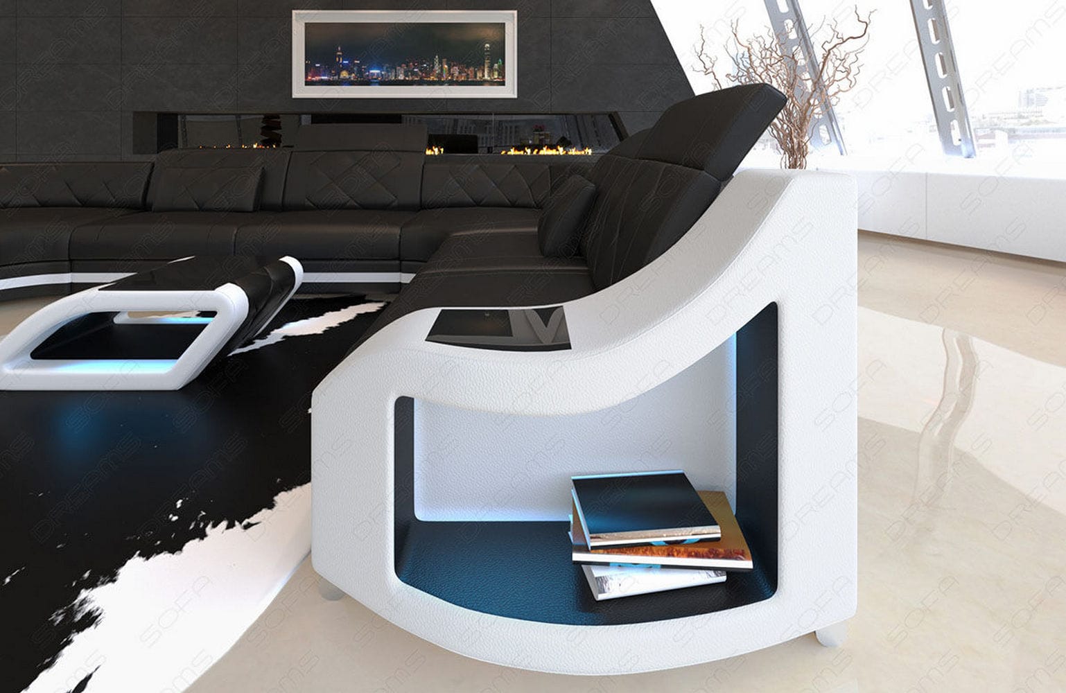 Mini Sofa Genua U-Form aus Leder Schwarz-Weiß