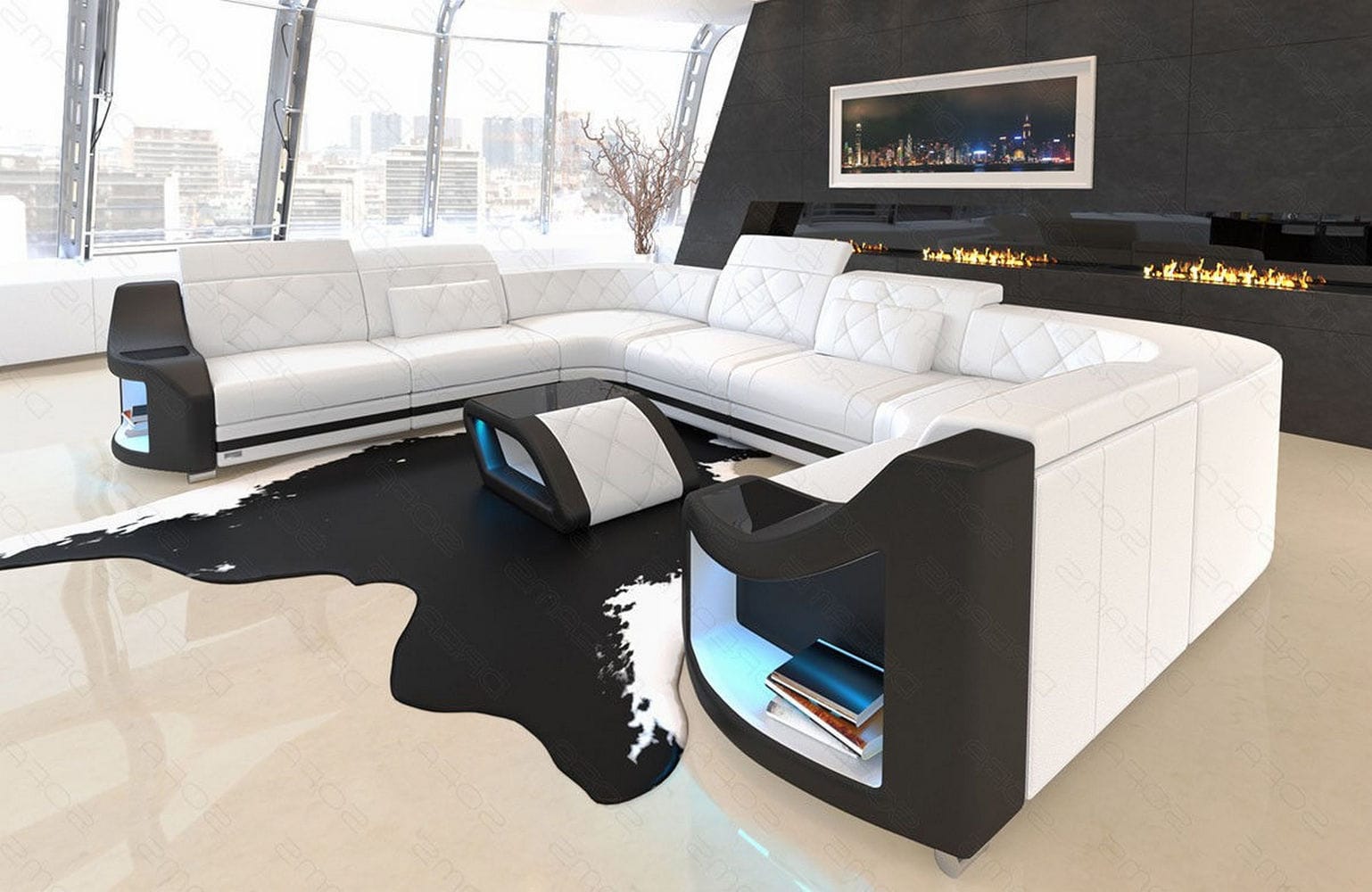 Mini Sofa Genua U-Form aus Leder Weiß-Schwarz