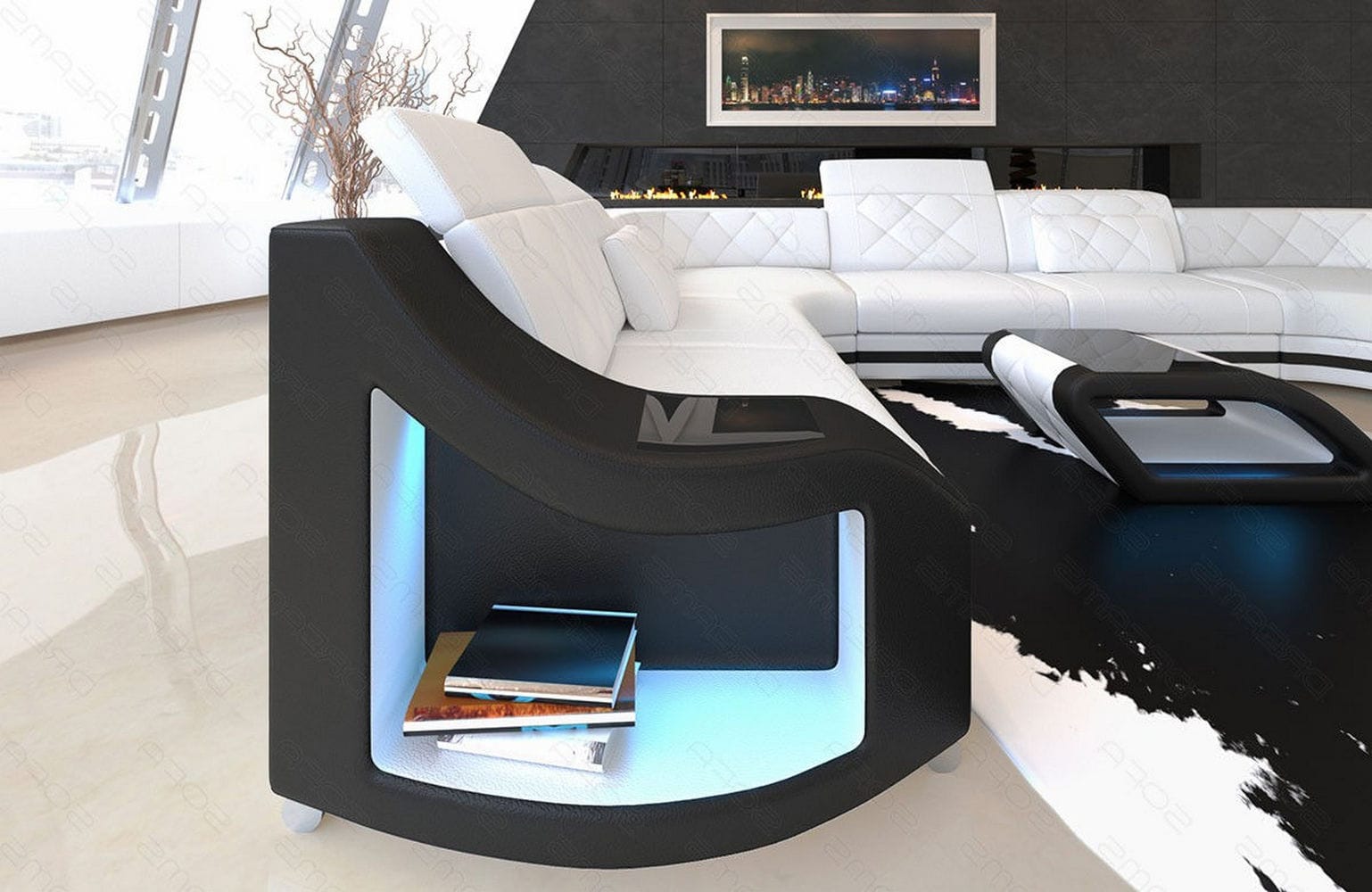 Mini Sofa Genua U-Form aus Leder Weiß-Schwarz