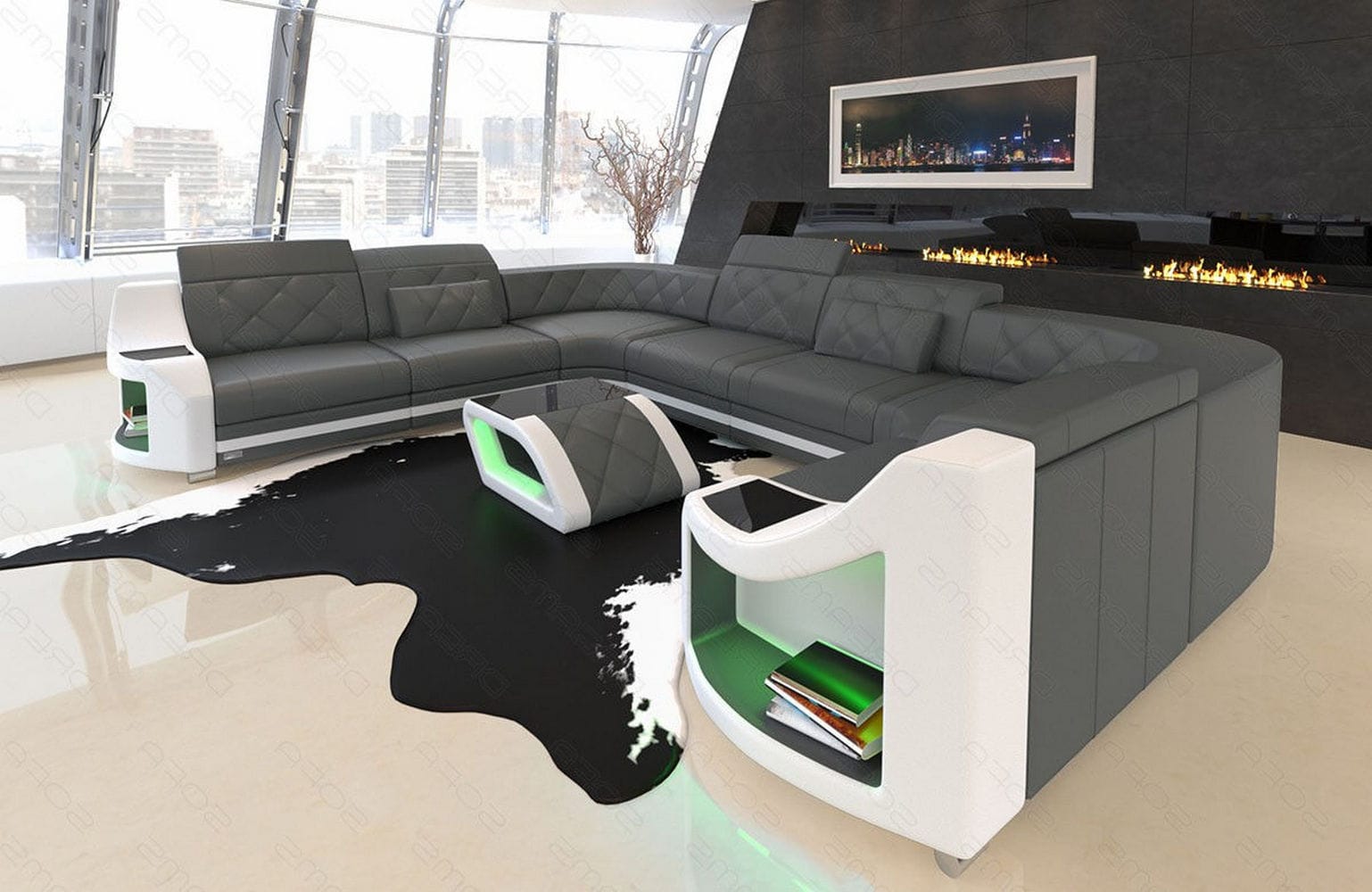 Mini Sofa Genua U-Form aus Leder Grau-Weiß