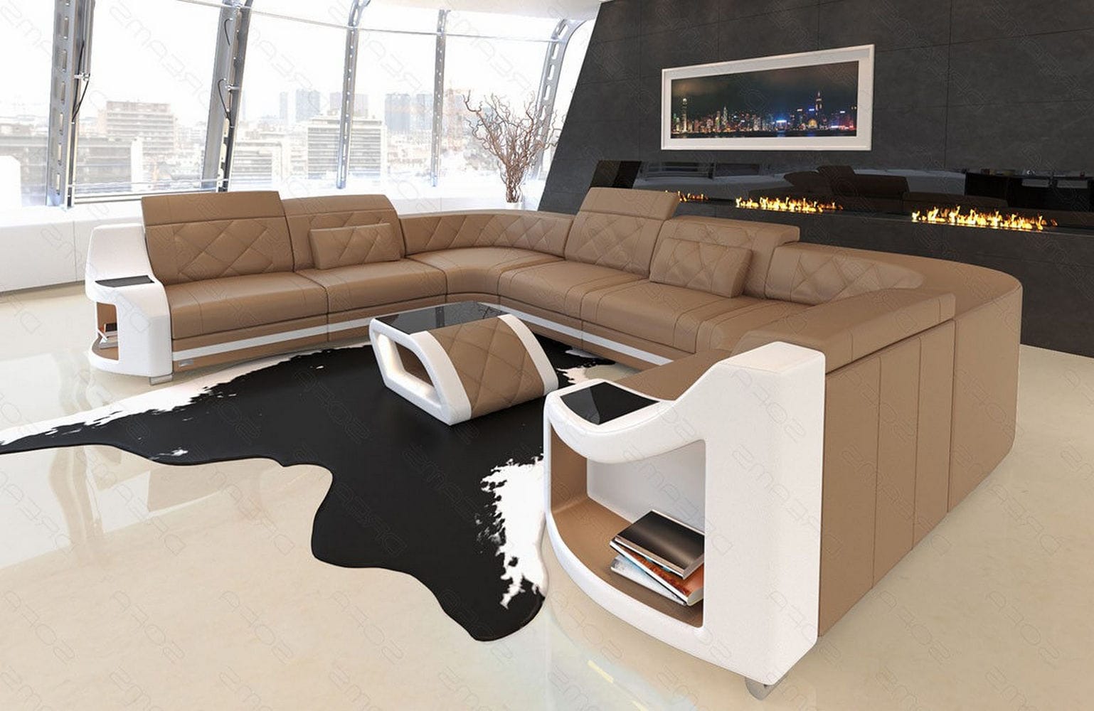 Mini Sofa Genua U-Form aus Leder sandbeige-weiß