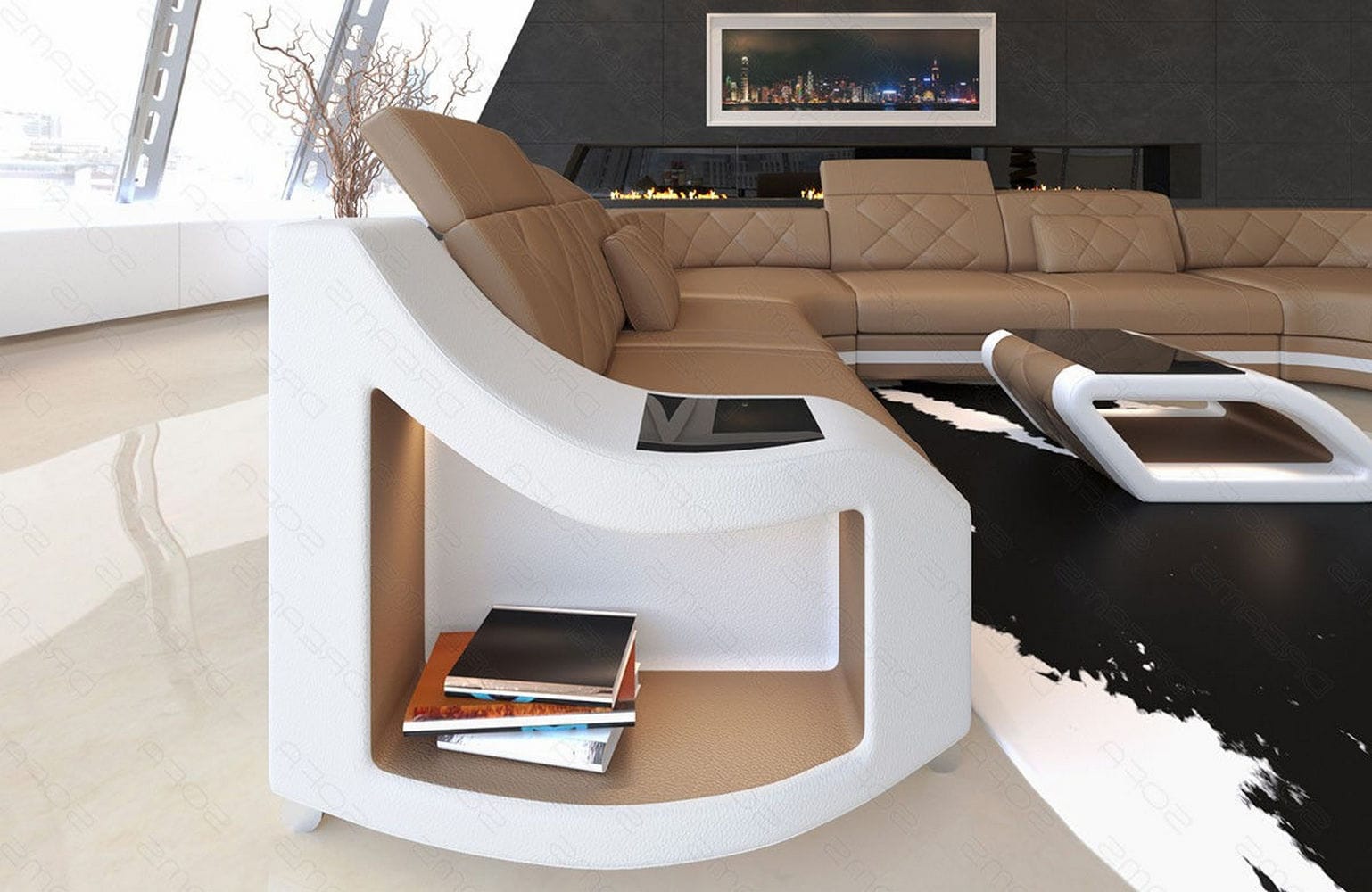 Mini Sofa Genua U-Form aus Leder sandbeige-weiß