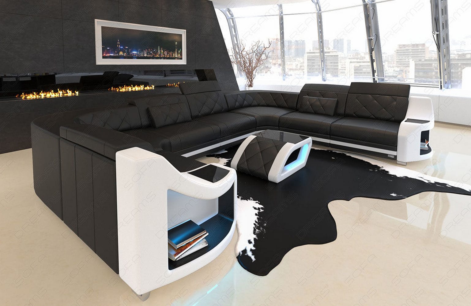 Designsofa Genua aus Leder schwarz-weiß