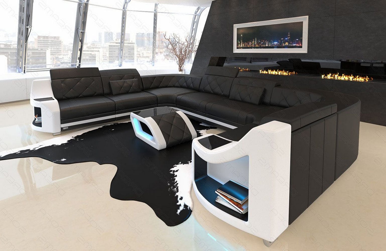 Designsofa Genua U-Form aus Leder schwarz-weiß