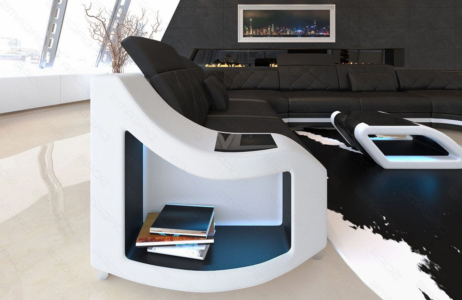 Designsofa Genua U-Form aus Leder schwarz-weiß