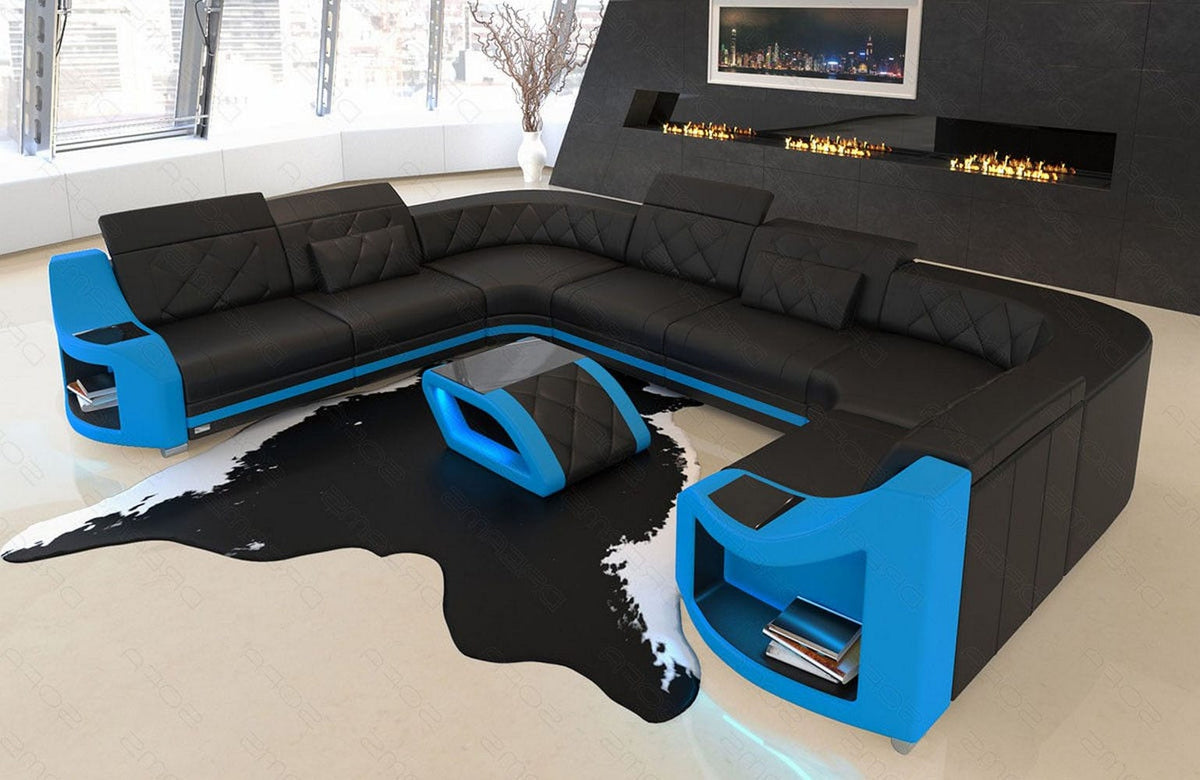 Designsofa Genua U-Form aus Leder schwarz-blau