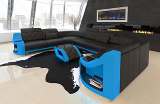 Designsofa Genua U-Form aus Leder schwarz-blau
