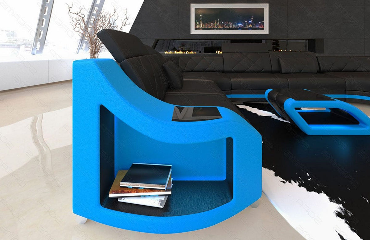 Designsofa Genua U-Form aus Leder schwarz-blau