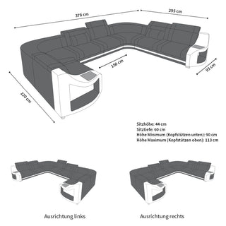 Designsofa Genua U-Form aus Leder schwarz-blau