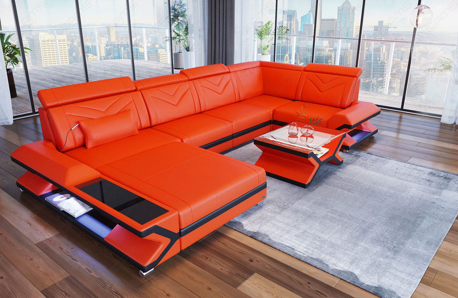 Leder Wohnlandschaft Napoli – Eleganz Pur orange-schwarz