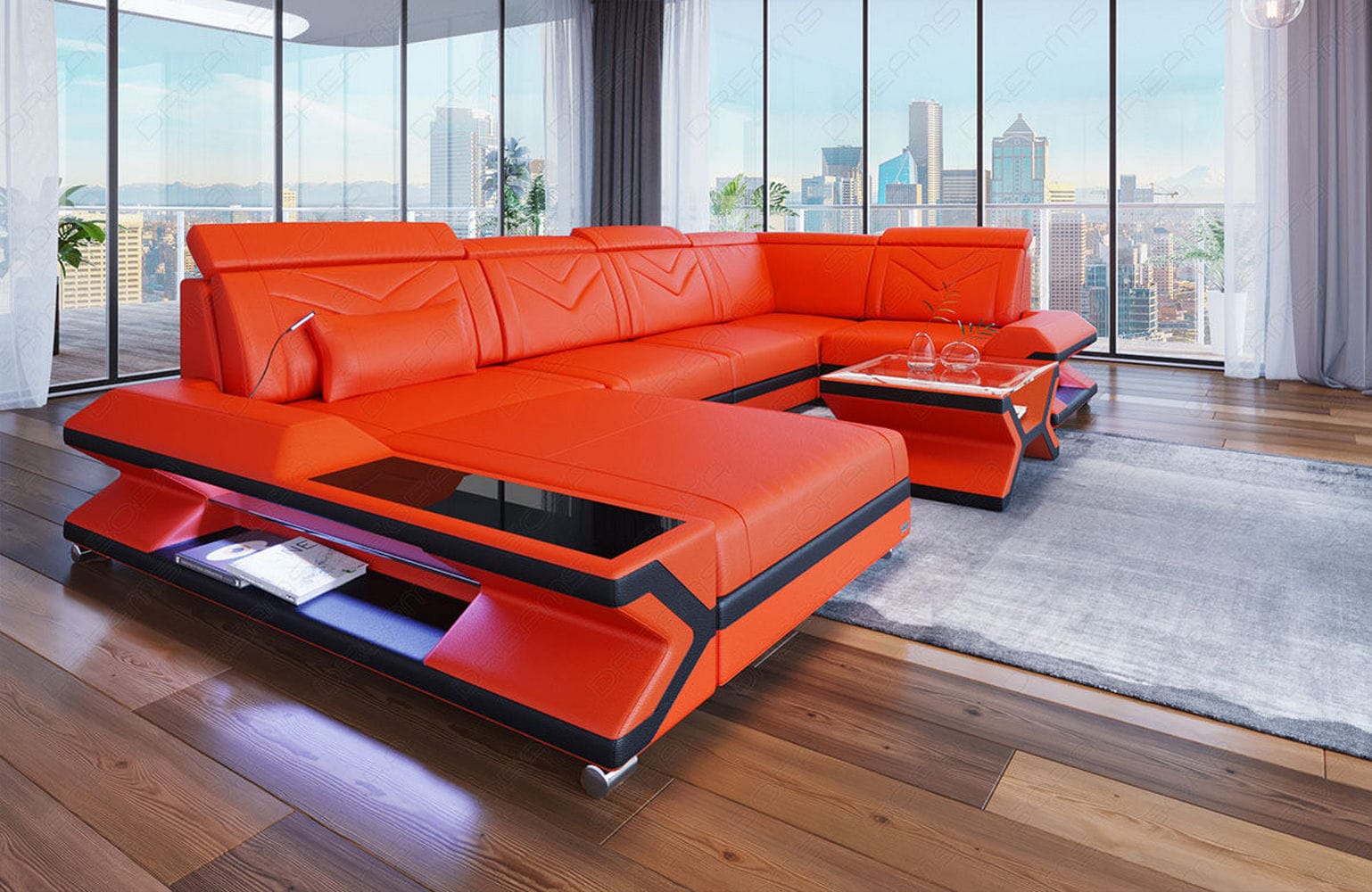 Leder Wohnlandschaft Napoli – Eleganz Pur orange-schwarz