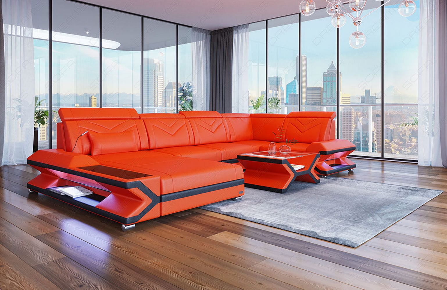 Leder Wohnlandschaft Napoli – Eleganz Pur orange-schwarz