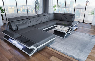 Designsofa Napoli Eleganz Pur U-Form aus Leder grau-weiß
