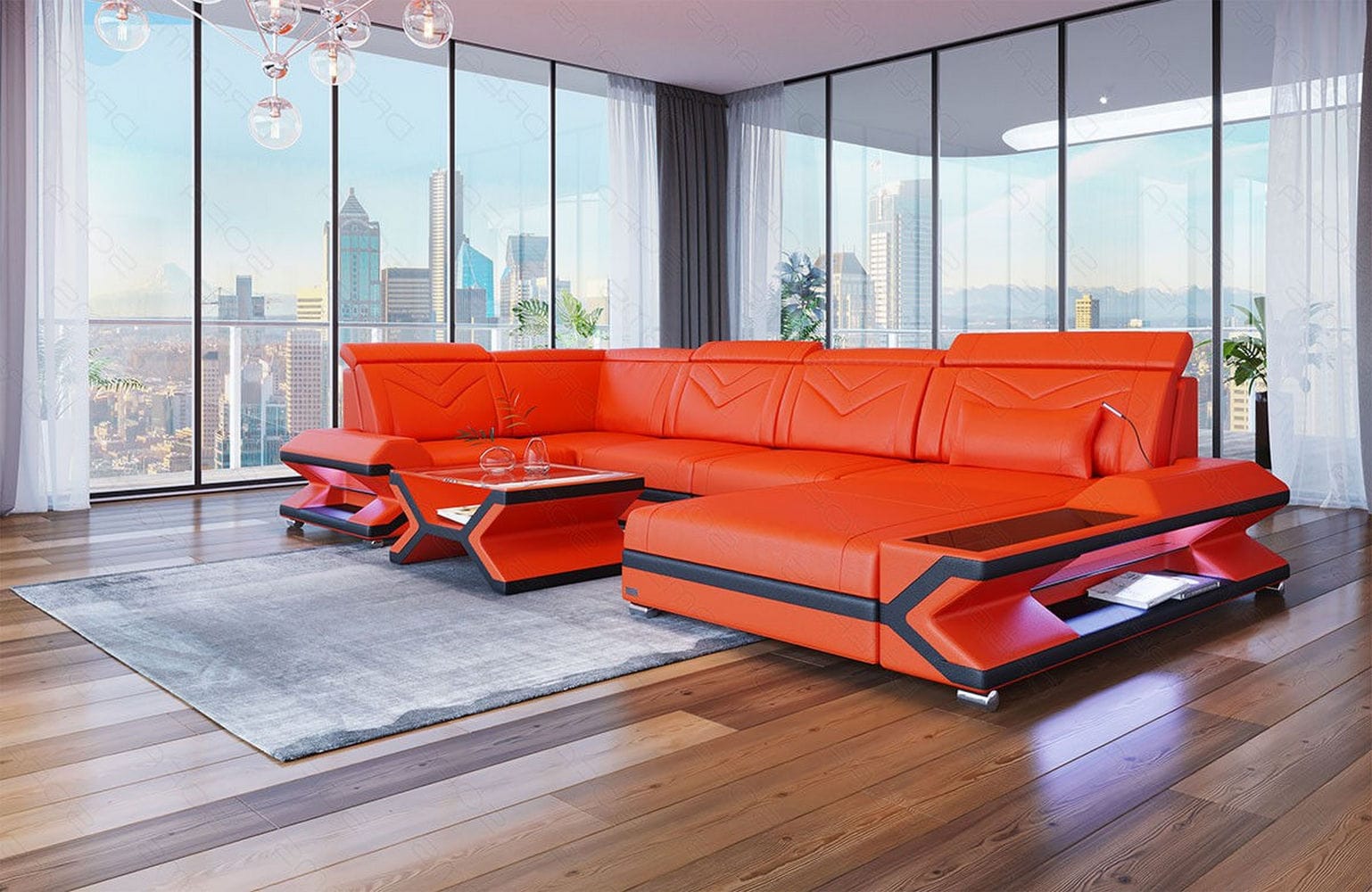 Leder Wohnlandschaft Napoli – Eleganz Pur orange-schwarz