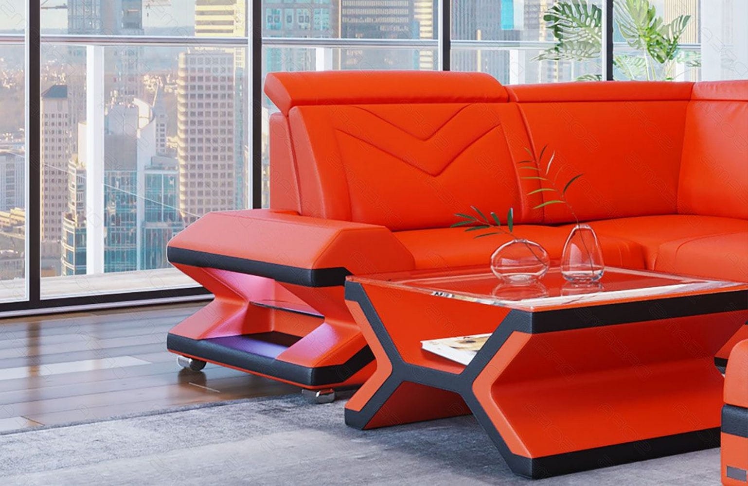 Leder Wohnlandschaft Napoli – Eleganz Pur orange-schwarz