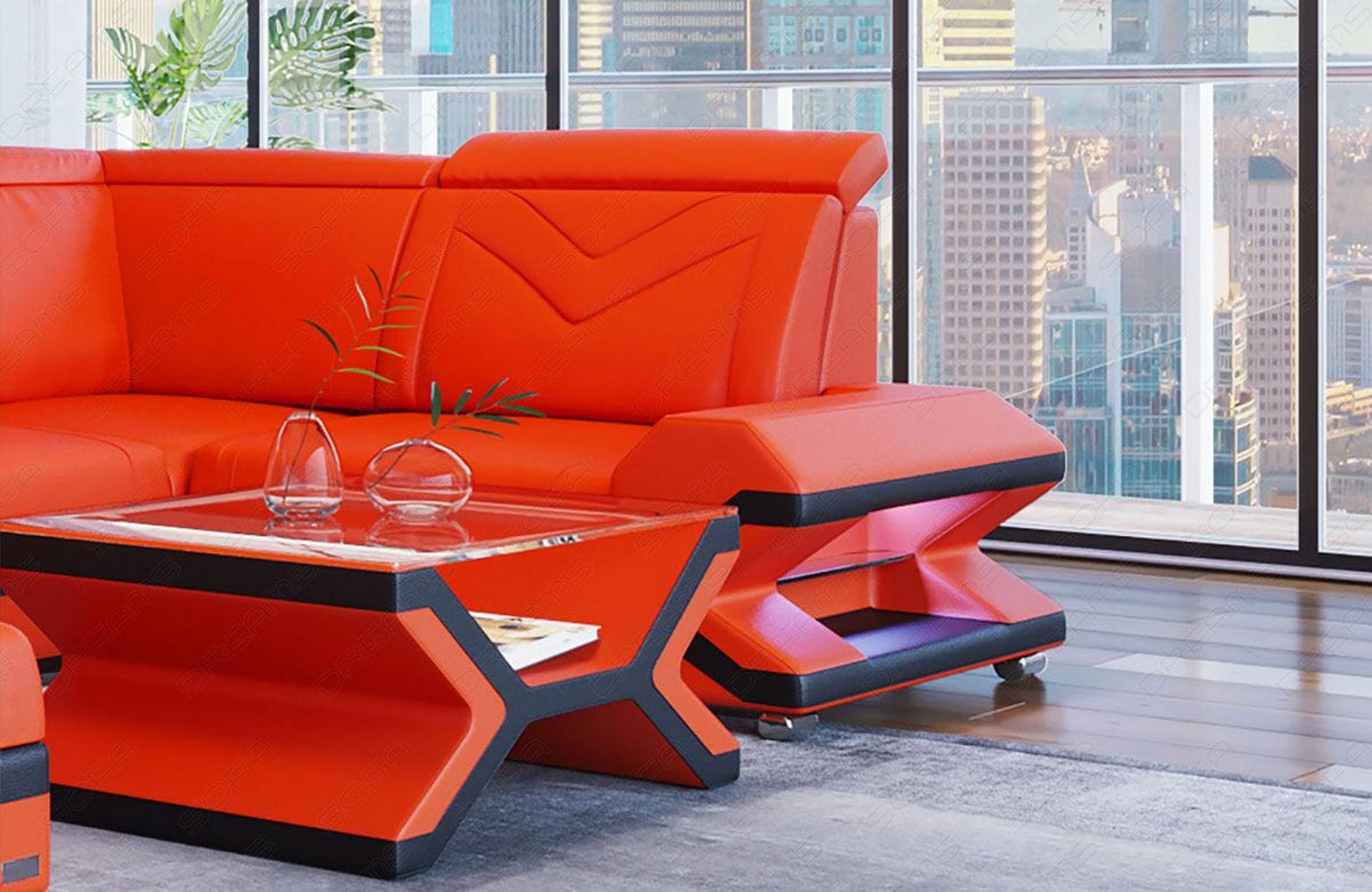 Leder Wohnlandschaft Napoli – Eleganz Pur orange-schwarz
