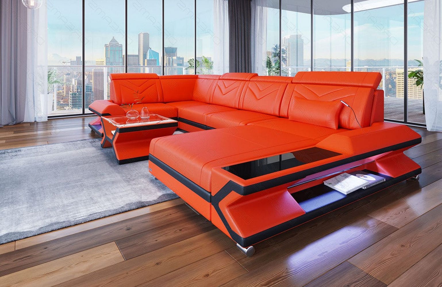 Leder Wohnlandschaft Napoli – Eleganz Pur orange-schwarz