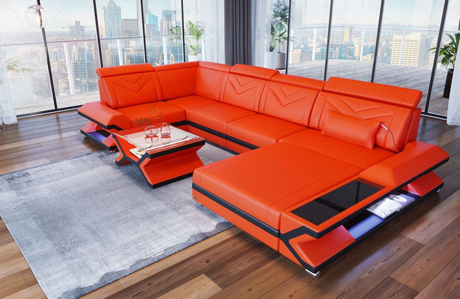 Leder Wohnlandschaft Napoli – Eleganz Pur orange-schwarz