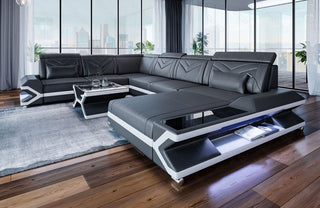 Mini Wohnlandschaft Napoli XXL U-Form in Leder Grau-Weiß
