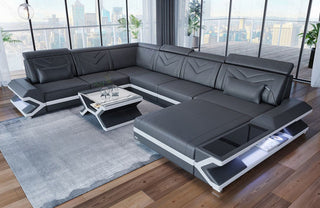 Mini Wohnlandschaft Napoli XXL U-Form in Leder Grau-Weiß