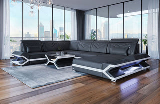 Mini Wohnlandschaft Napoli XXL U-Form in Leder Grau-Weiß